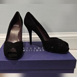 Stuart Weitzman suede peep toe stilettos, 6